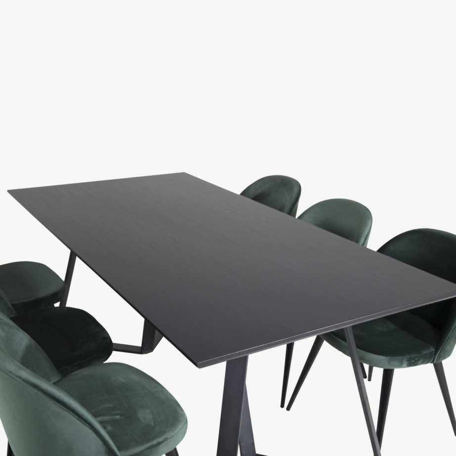 Marina ristkülikukujuline söögilaud musta lauaplaadiga ja sametist roheliste toolidega, GR20218 – 4