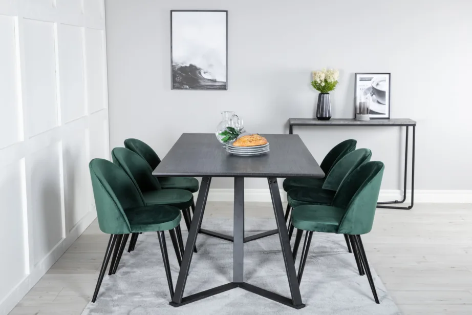 Marina ristkülikukujuline söögilaud musta lauaplaadiga ja sametist roheliste toolidega, GR20218 – 5