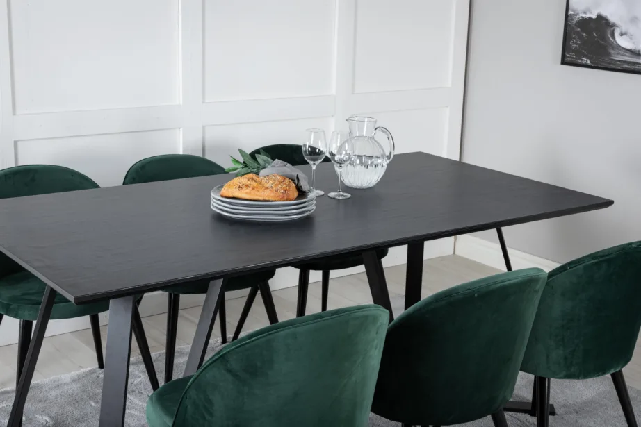 Marina ristkülikukujuline söögilaud musta lauaplaadiga ja sametist roheliste toolidega, GR20218 – 8