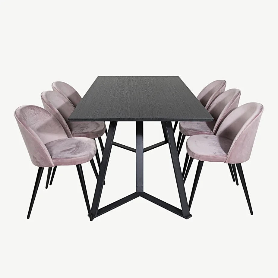 Marina ristkülikukujuline söögitoakomplekt – must söögilaud samettoolidega, tolmuroosad, GR20219 – 2