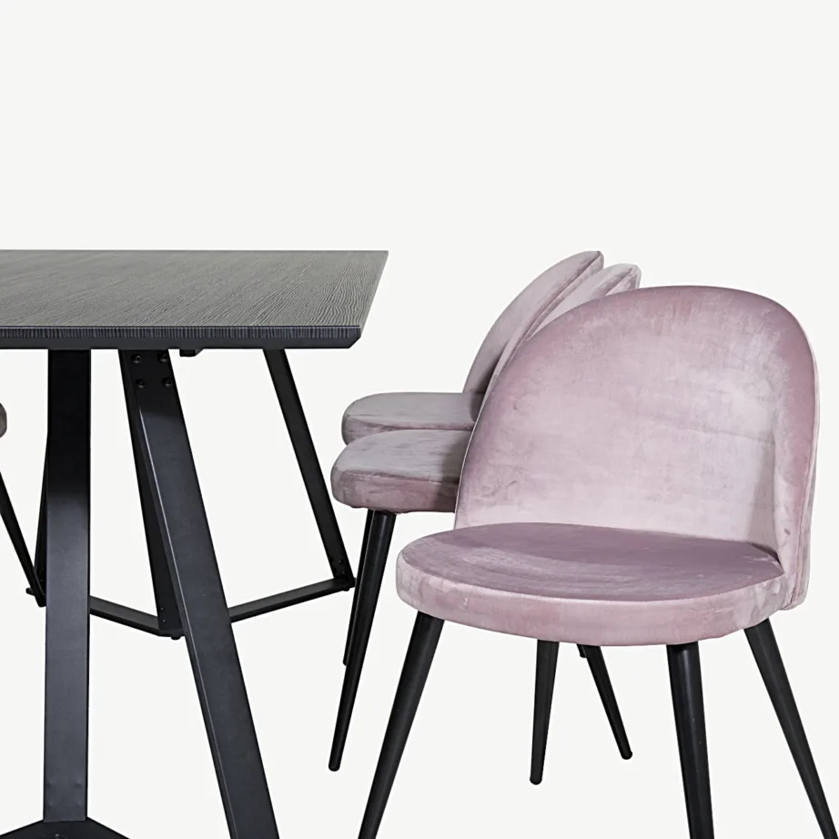 Marina ristkülikukujuline söögitoakomplekt – must söögilaud samettoolidega, tolmuroosad, GR20219 – 3