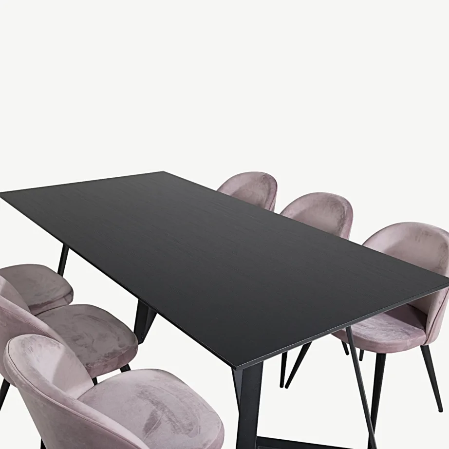 Marina ristkülikukujuline söögitoakomplekt – must söögilaud samettoolidega, tolmuroosad, GR20219 – 4