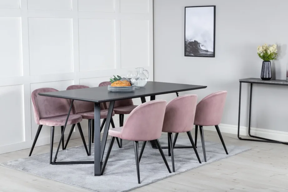 Marina ristkülikukujuline söögitoakomplekt – must söögilaud samettoolidega, tolmuroosad, GR20219 – 6