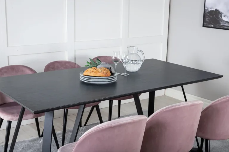 Marina ristkülikukujuline söögitoakomplekt – must söögilaud samettoolidega, tolmuroosad - GR20219