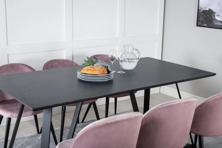 Marina ristkülikukujuline söögitoakomplekt – must söögilaud samettoolidega, tolmuroosad, GR20219 – 8