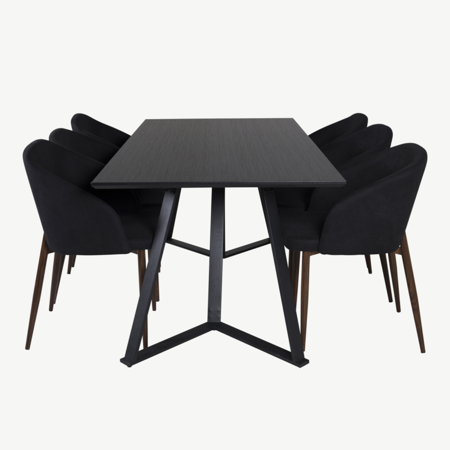 Modernne söögitoakomplekt Marina – must MDF-laud ja musta kangaga toolid puitjalgadel (6 tooli), GR20222 – 2
