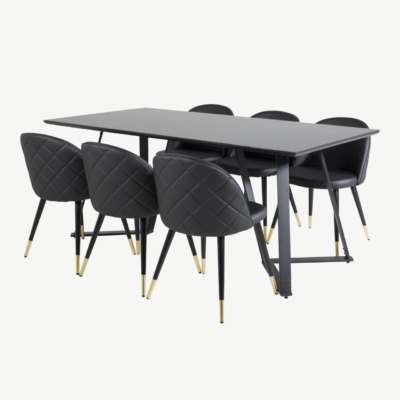 Ristkülikukujuline söögikomplekt Marina musta MDF-plaadiga ja mustade PU-kunstnahast toolidega (6 tk) - GR20223