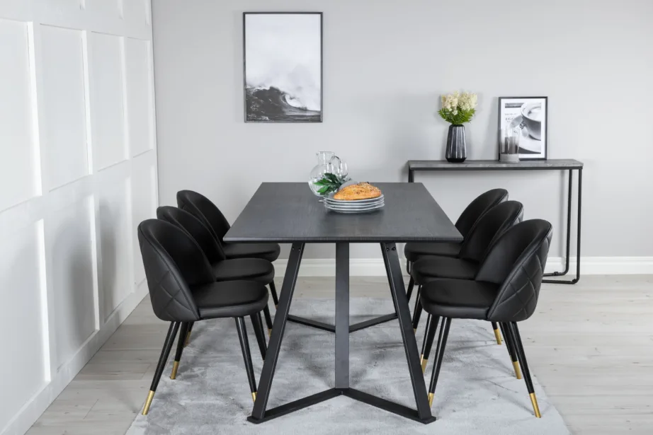 Ristkülikukujuline söögikomplekt Marina musta MDF-plaadiga ja mustade PU-kunstnahast toolidega (6 tk), GR20223 – 5