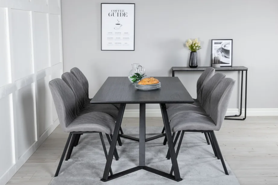 Marina ristkülikukujuline must söögilaua komplekt hallide tekstiiltoolidega, metallist jalgadel, GR20228 – 4