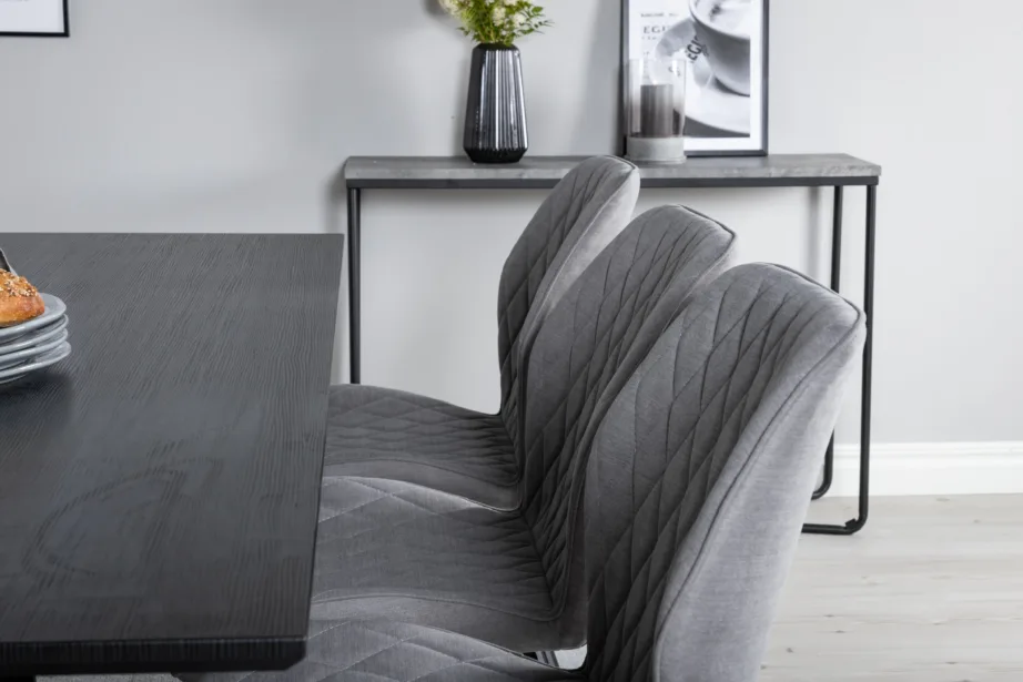 Marina ristkülikukujuline must söögilaua komplekt hallide tekstiiltoolidega, metallist jalgadel, GR20228 – 8