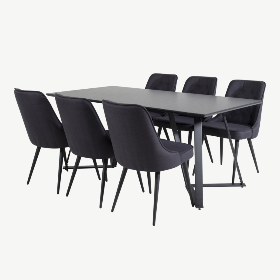 Marina ristkülikukujuline must söögitoakomplekt (MDF laud, 6 musta sametist tooli, metalljalad), GR20229