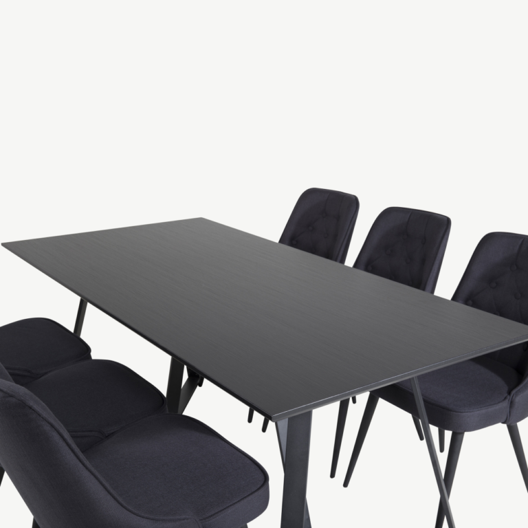 Marina ristkülikukujuline must söögitoakomplekt (MDF laud, 6 musta sametist tooli, metalljalad) - GR20229