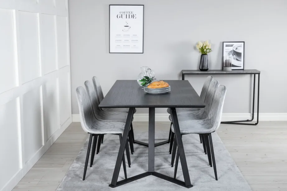 Marina ristkülikukujuline must söögilaud hallide samettoolidega, GR20230 – 5