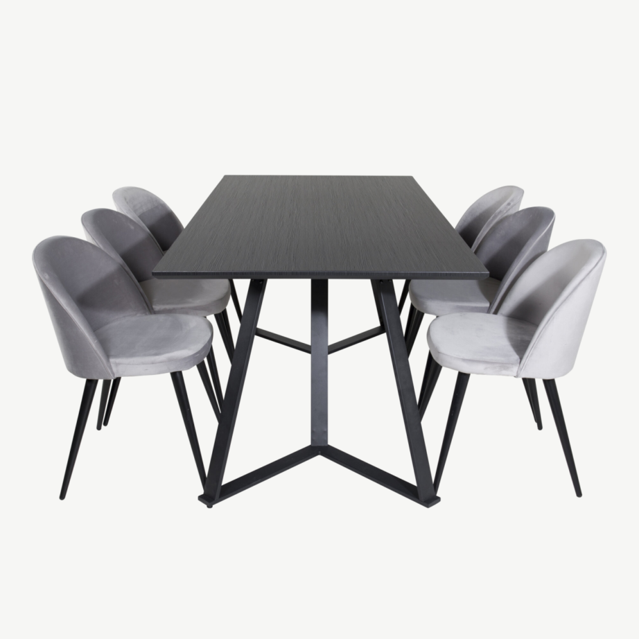 Marina söögitoa komplekt – must söögilaud velvetist helehallide toolidega, GR20233 – 2