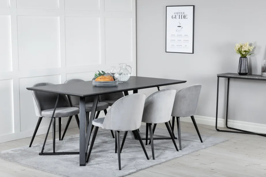 Marina söögitoa komplekt – must söögilaud velvetist helehallide toolidega, GR20233 – 6