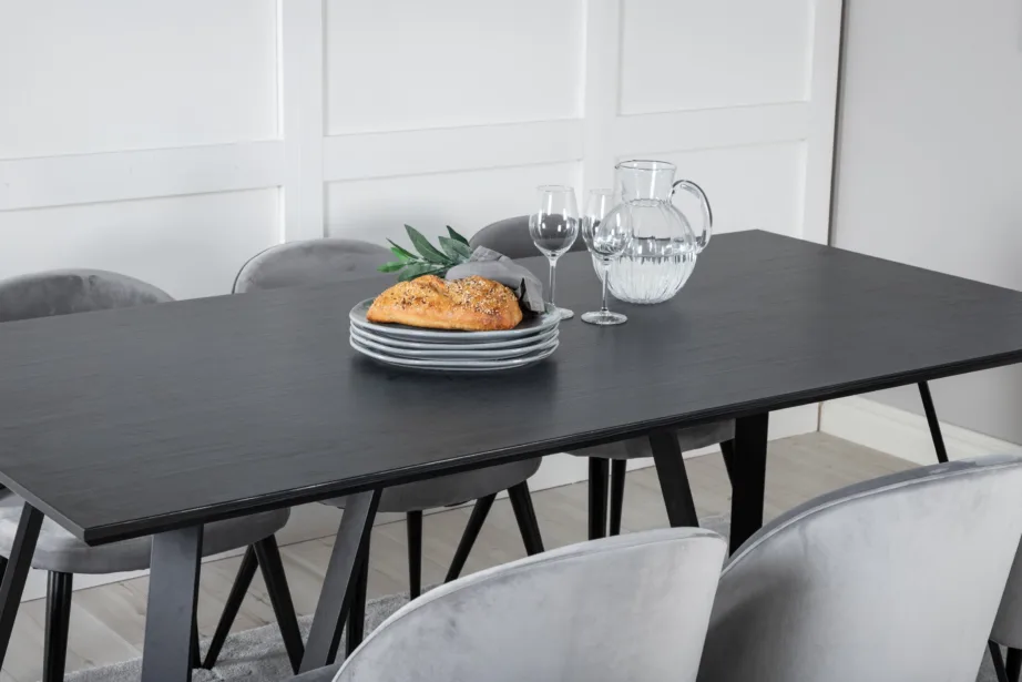 Marina söögitoa komplekt – must söögilaud velvetist helehallide toolidega, GR20233 – 8