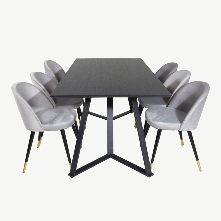 Ristkülikukujuline must söögilaua komplekt Marina ja 6 halli velvettooliga, GR20237 – 2