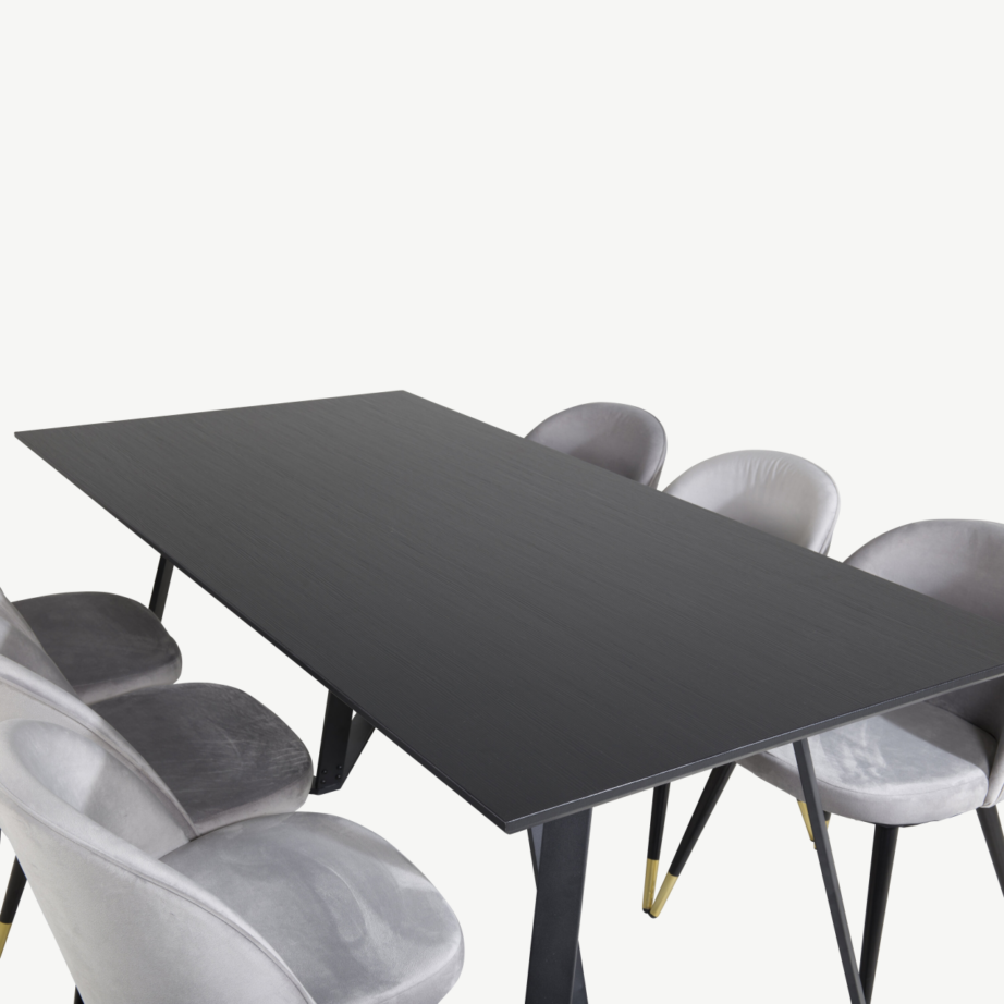 Ristkülikukujuline must söögilaua komplekt Marina ja 6 halli velvettooliga, GR20237 – 4