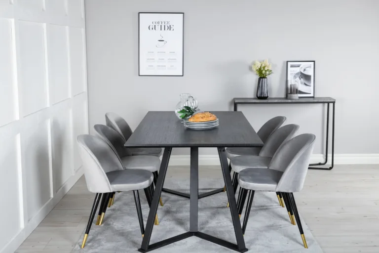 Ristkülikukujuline must söögilaua komplekt Marina ja 6 halli velvettooliga - GR20237