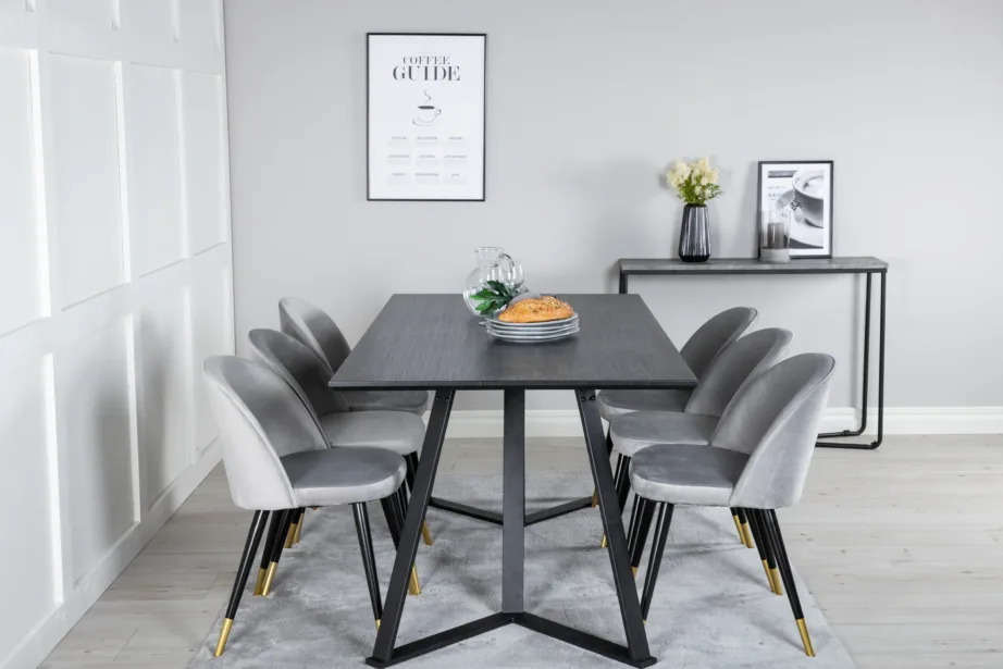 Ristkülikukujuline must söögilaua komplekt Marina ja 6 halli velvettooliga, GR20237 – 5
