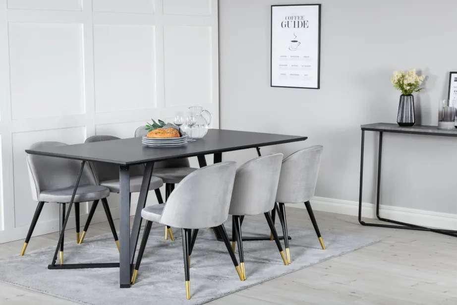 Ristkülikukujuline must söögilaua komplekt Marina ja 6 halli velvettooliga, GR20237 – 6