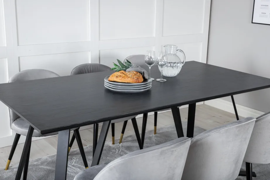 Ristkülikukujuline must söögilaua komplekt Marina ja 6 halli velvettooliga, GR20237 – 8