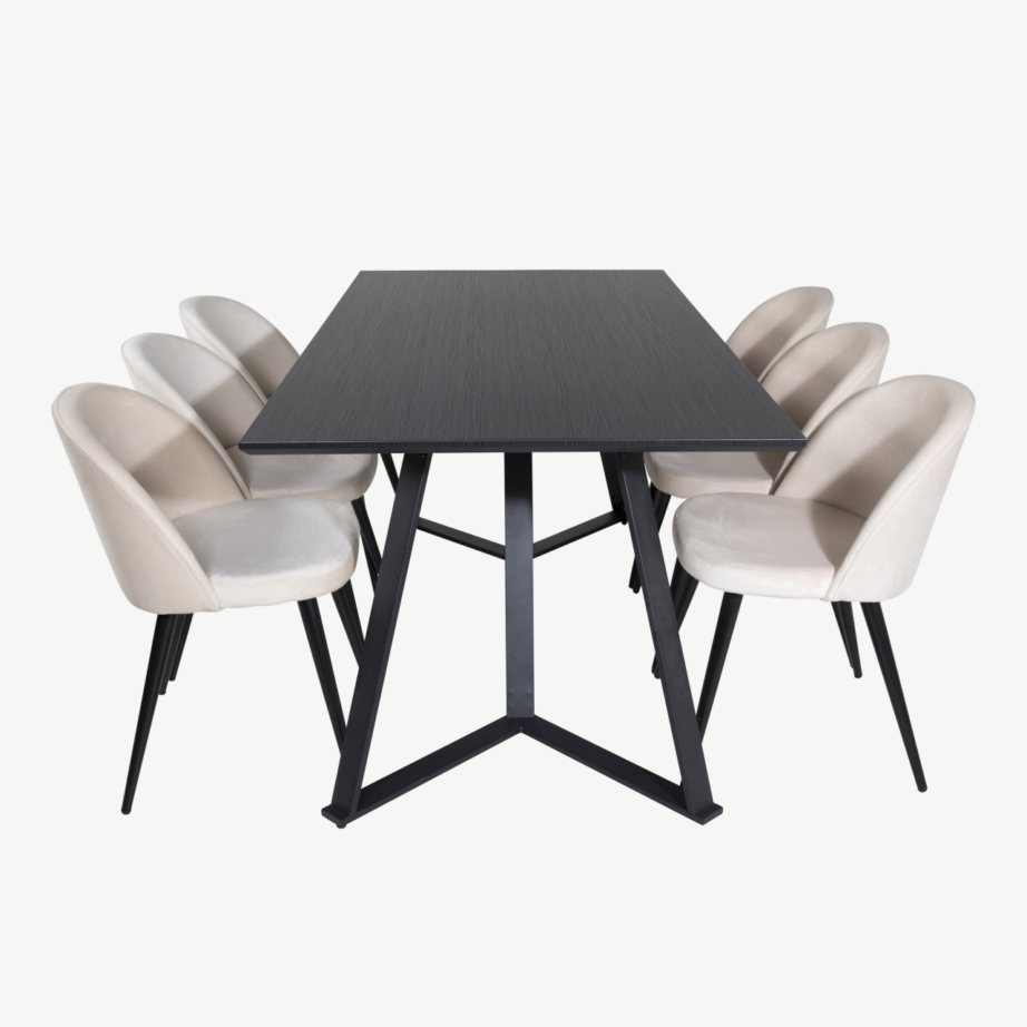 Ristkülikukujuline must söögilaua komplekt Marina beežide velvetkangast toolidega (6 tk), Venture Home, GR20238 – 2