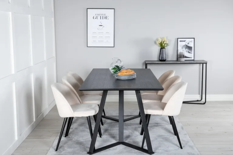 Ristkülikukujuline must söögilaua komplekt Marina beežide velvetkangast toolidega (6 tk), Venture Home - GR20238