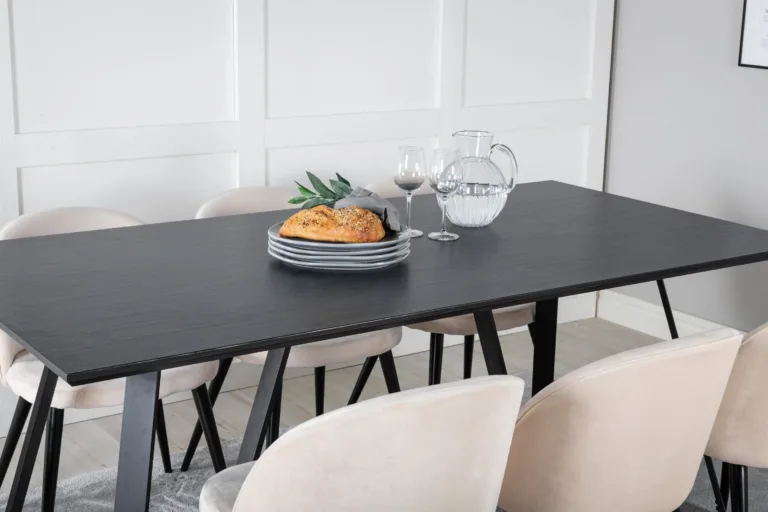 Ristkülikukujuline must söögilaua komplekt Marina beežide velvetkangast toolidega (6 tk), Venture Home - GR20238