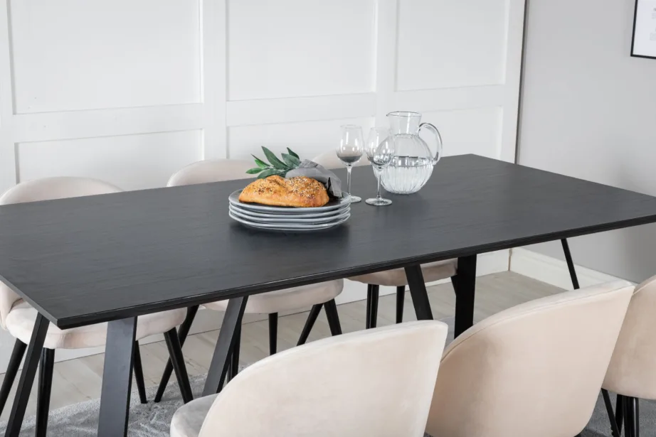 Ristkülikukujuline must söögilaua komplekt Marina beežide velvetkangast toolidega (6 tk), Venture Home, GR20238 – 8