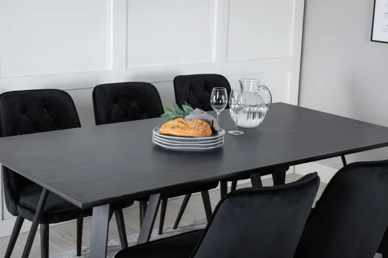 Marina musta lauaplaadiga ristkülikukujuline söögilauakomplekt musta velvetkangaga toolidega - GR20240