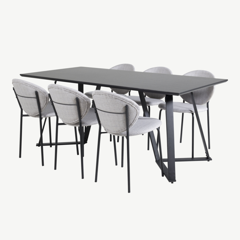 Kaasaegne söögilaud Marina musta lauaplaadi ja Vault hallide kangast toolidega, GR20247