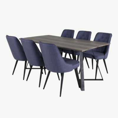 Marina söögikomplekt – hall ristkülikukujuline laud ja siniste polsterdatud toolidega, mustad metalljalad - GR20257