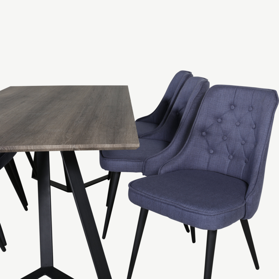 Marina söögikomplekt – hall ristkülikukujuline laud ja siniste polsterdatud toolidega, mustad metalljalad, GR20257 – 3