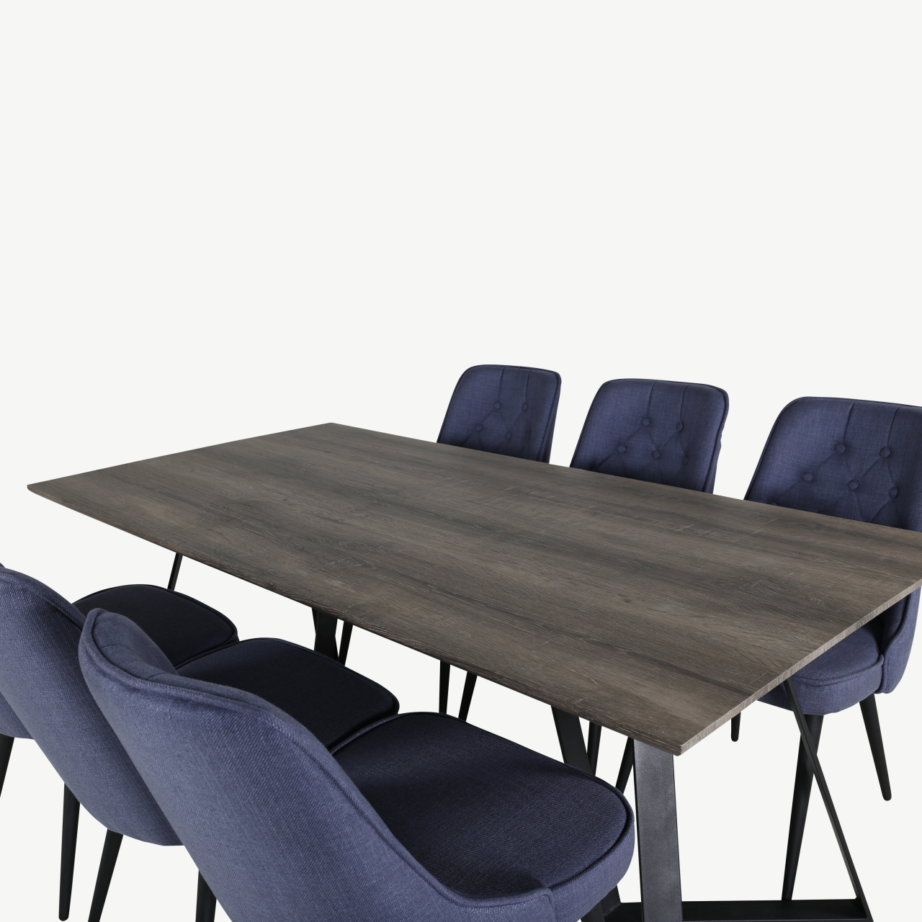 Marina söögikomplekt – hall ristkülikukujuline laud ja siniste polsterdatud toolidega, mustad metalljalad, GR20257 – 4