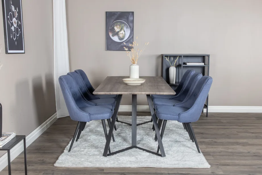 Marina söögikomplekt – hall ristkülikukujuline laud ja siniste polsterdatud toolidega, mustad metalljalad, GR20257 – 5