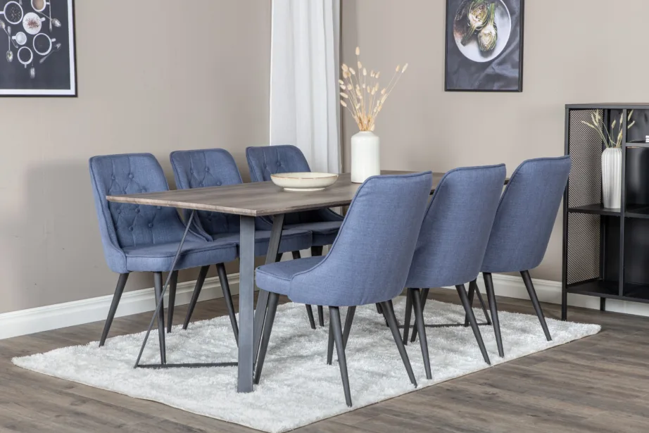 Marina söögikomplekt – hall ristkülikukujuline laud ja siniste polsterdatud toolidega, mustad metalljalad, GR20257 – 6