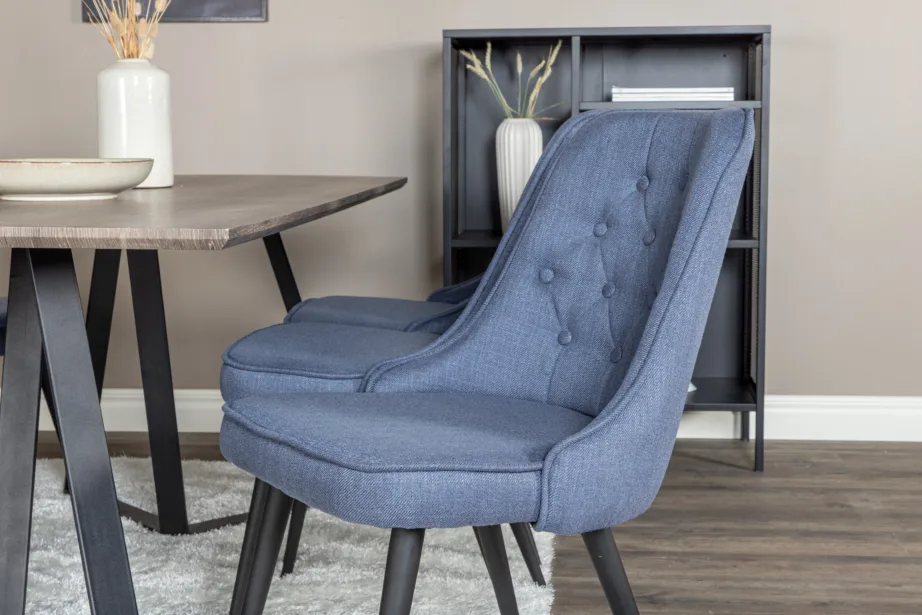 Marina söögikomplekt – hall ristkülikukujuline laud ja siniste polsterdatud toolidega, mustad metalljalad, GR20257 – 7