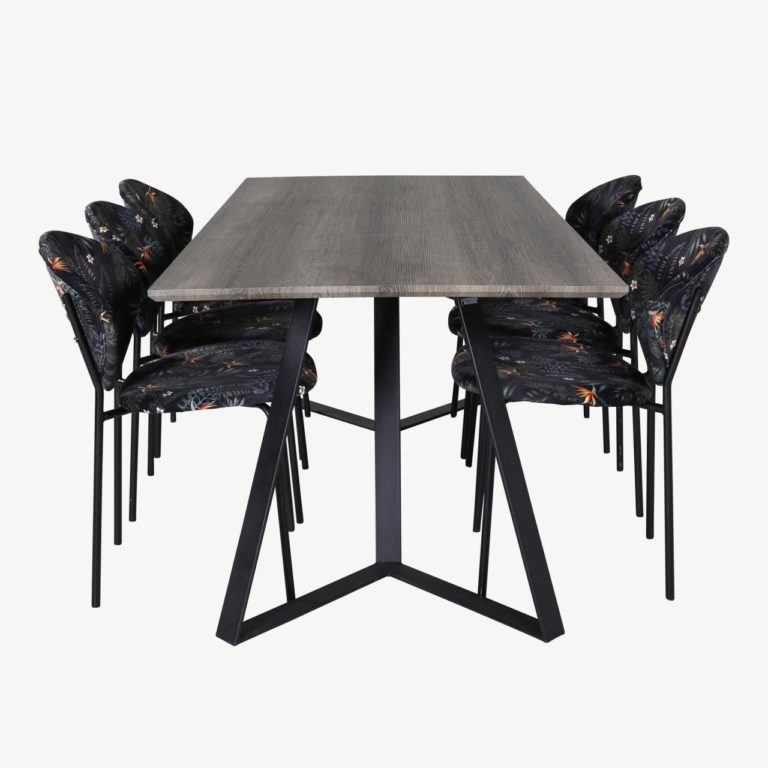 Hall söögilaud toolidega Marina (MDF, 180 × 90 cm) ja musta lillemustriga polsterdatud toolid Vault kollektsioonist - GR20259