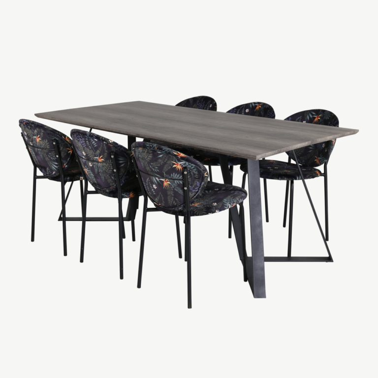 Hall söögilaud toolidega Marina (MDF, 180 × 90 cm) ja musta lillemustriga polsterdatud toolid Vault kollektsioonist - GR20259