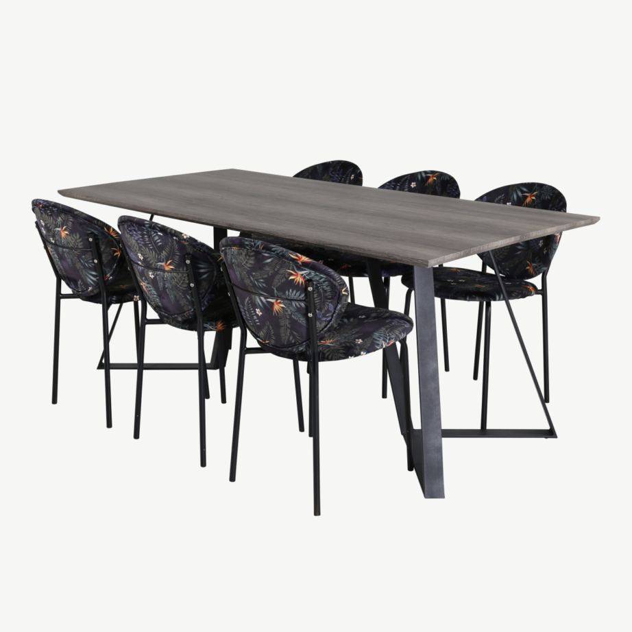 Hall söögilaud toolidega Marina (MDF, 180 × 90 cm) ja musta lillemustriga polsterdatud toolid Vault kollektsioonist, GR20259