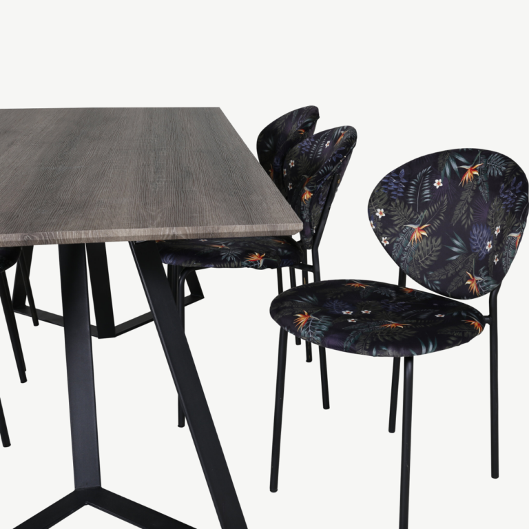 Hall söögilaud toolidega Marina (MDF, 180 × 90 cm) ja musta lillemustriga polsterdatud toolid Vault kollektsioonist - GR20259