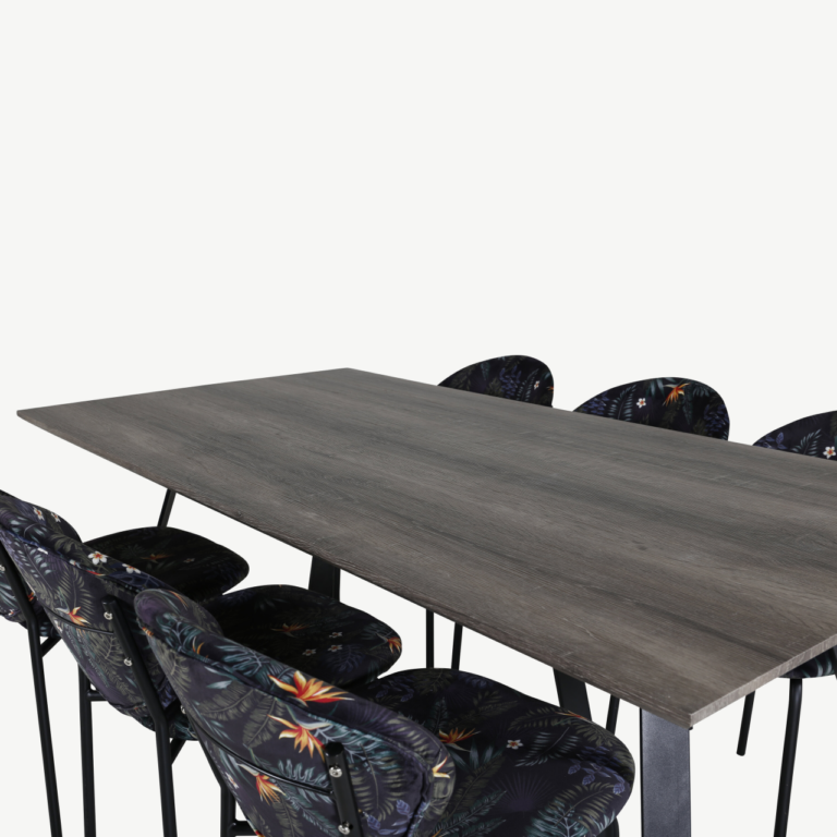 Hall söögilaud toolidega Marina (MDF, 180 × 90 cm) ja musta lillemustriga polsterdatud toolid Vault kollektsioonist - GR20259