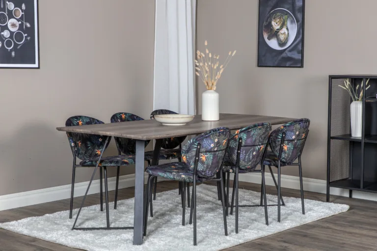 Hall söögilaud toolidega Marina (MDF, 180 × 90 cm) ja musta lillemustriga polsterdatud toolid Vault kollektsioonist - GR20259