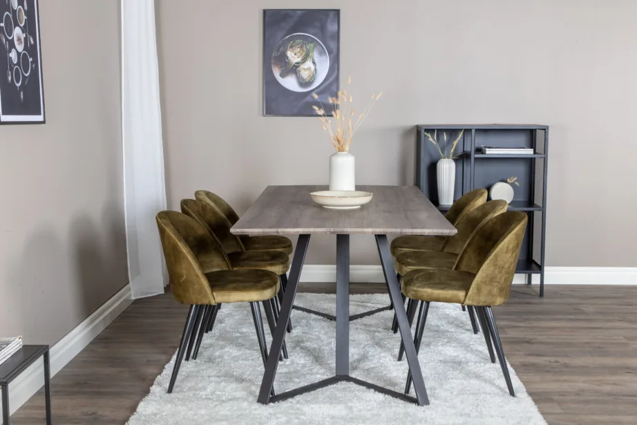 Marina ristkülikukujuline hall söögilaud samettoolidega, mustad metalljalad, GR20261 – 5