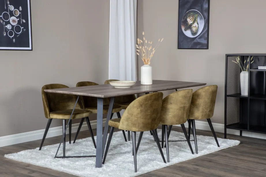 Marina ristkülikukujuline hall söögilaud samettoolidega, mustad metalljalad, GR20261 – 6