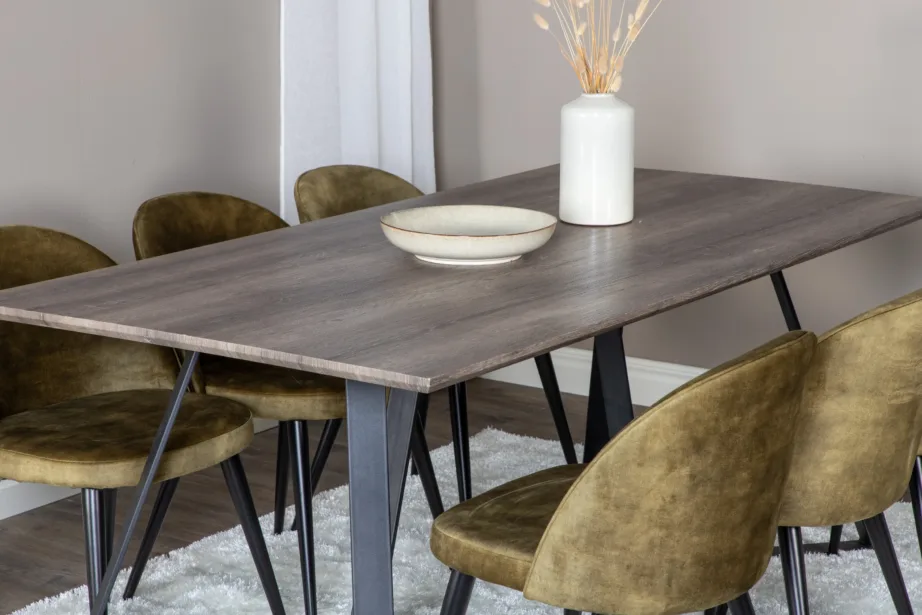 Marina ristkülikukujuline hall söögilaud samettoolidega, mustad metalljalad, GR20261 – 8