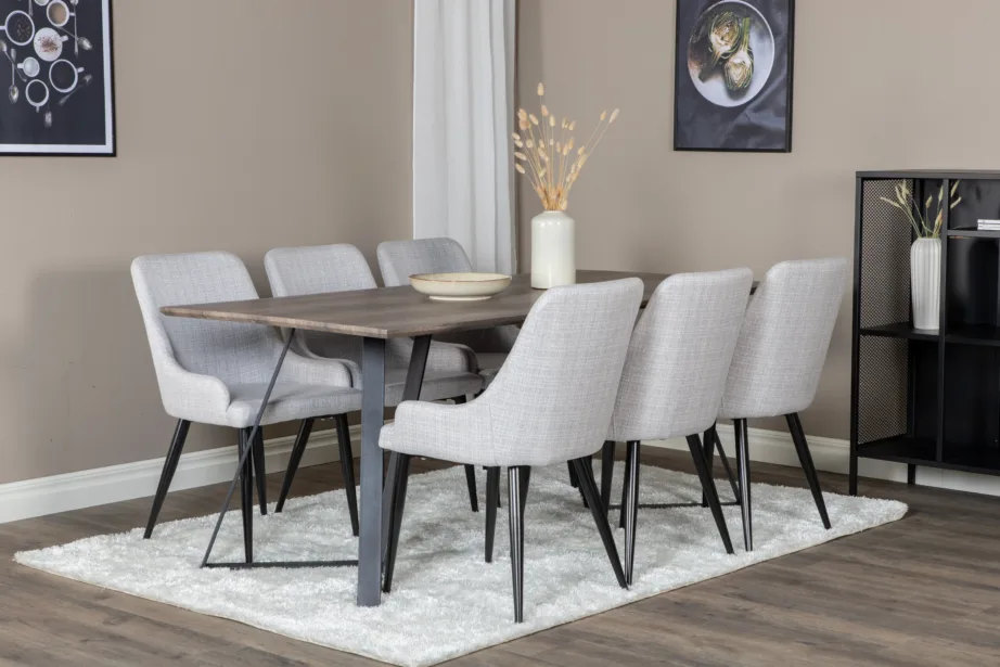 Ristkülikukujuline söögilaud Marina ja hallid Plaza toolid (6 tk, hall/must), GR20264 – 6