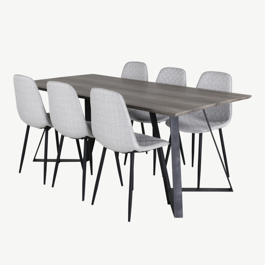 Marina ristkülikukujuline hall söögikomplekt – laud ja 6 halli tooli mustade jalgadega, GR20265