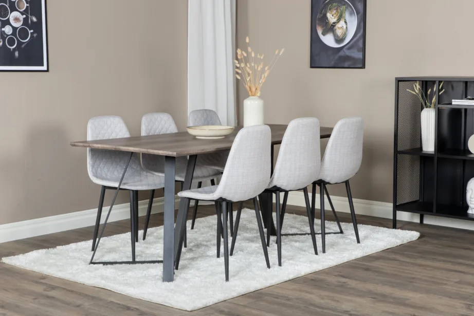 Marina ristkülikukujuline hall söögikomplekt – laud ja 6 halli tooli mustade jalgadega, GR20265 – 6
